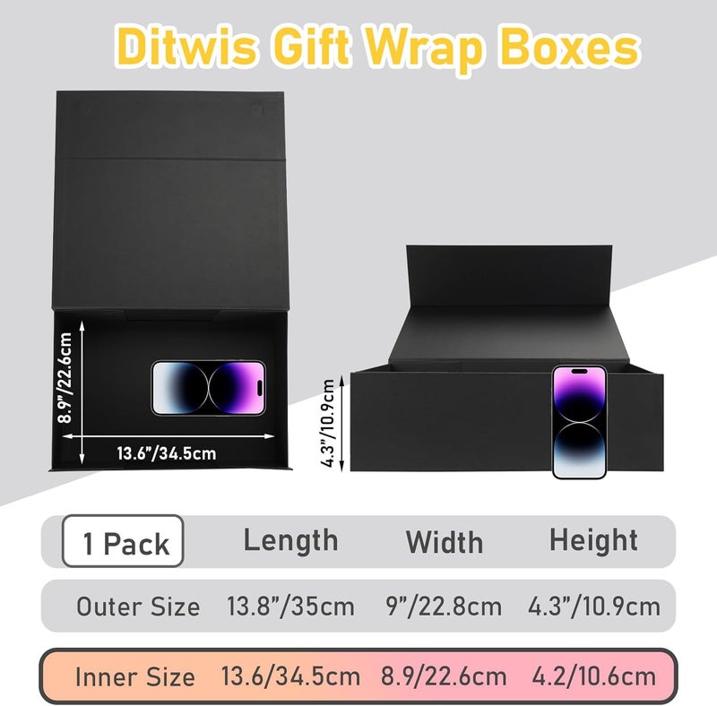 Ditwis 13.8x9x4.3 Inches Gift Box with Magnetic Closure Lid, Black Magnetic Box for Wedding, Groomsmen Bridesmaid Proposal, Birthdays, Mother's Day, 1 Pack - Image 2